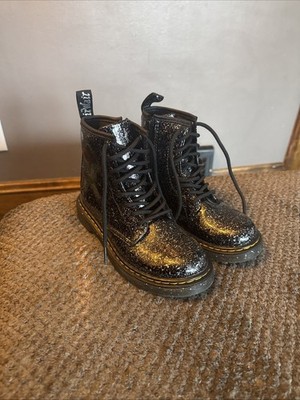 Dr Martens Doc YOUTH Speckle Black Patent Leather Lace Up Zip Ankle Boots Size 2