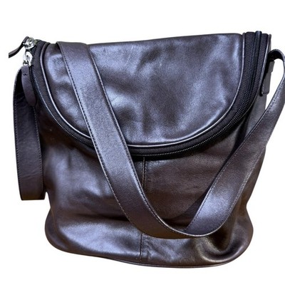 MAXX New York Dark Brown Leather Crossbody Bag Organizer Plaid Lining Messenger