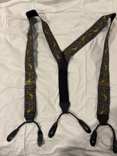 Vintage Gold, Blue, and Black English Lion Suspenders with Leather Ends