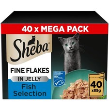 40 x 85g Sheba Fine Flakes Adult Wet Cat Food Pouches Mixed Fish in Jelly 5.97 per kilo