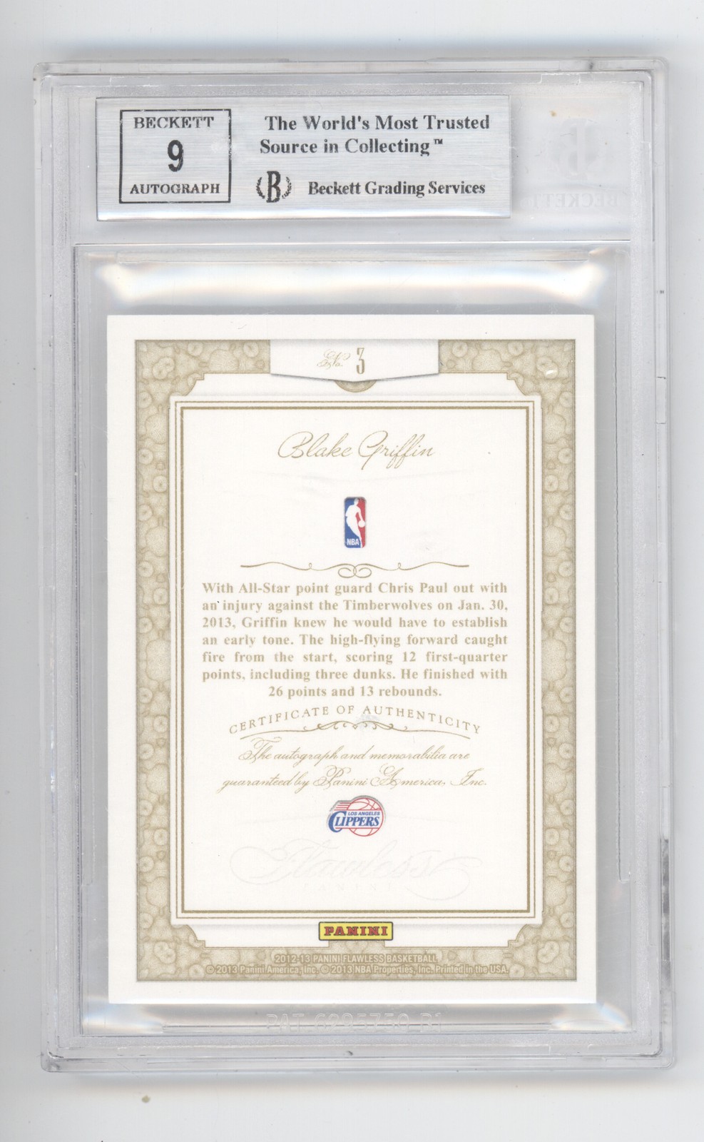 BLAKE GRIFFIN 2012-13 FLAWLESS PLATINUM PATCH AUTO 1/1 CLIPPERS BGS 9 Q0807 view 2