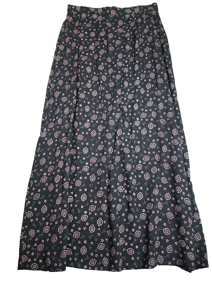 Vintage Maxi Skirt M Black Dark Floral Cottagecore Witchy 90s Rayon Pleated 90s