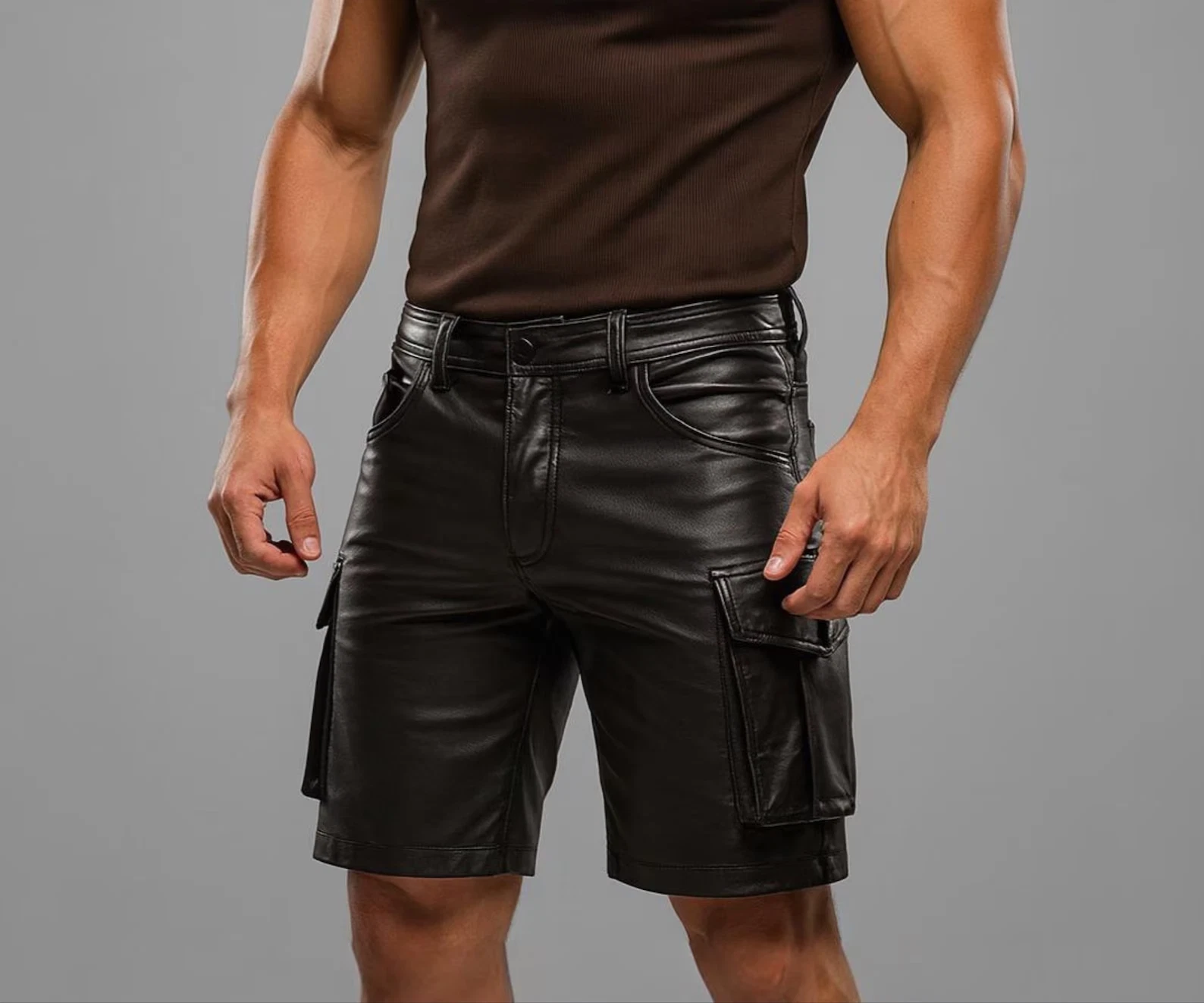 Men's Real Black Lambskin Leather Cargo Shorts – Men's Biker Festival Streetwear
