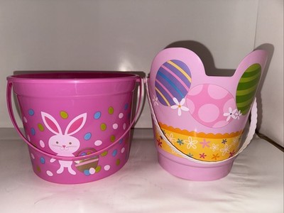 Easter Baskets Lot of 2 Greenbrier Intl  Plastic Pink Eared Pail Bunny Eggs