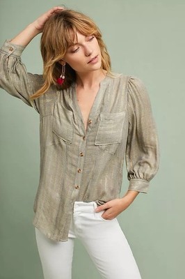 Akemi + Kin Metallic Button Down Wool RayonMock Neck  Blouse 8 Anthropologie