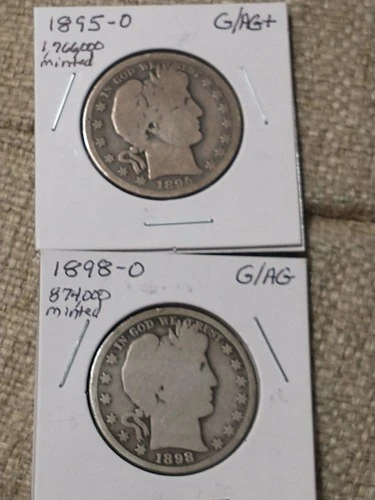 1895-O & 1898-O Silver Barber Half Dollars, Both Good/AG Better Dates