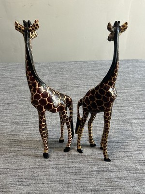 Vintage Pair Of Hand Carved Wood Giraffes African Animal Safari 8.5  Figurines