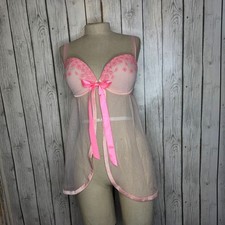Victoria's Secret Light Pink Sheer Lace Babydoll Chemise with Satin Bow 36 D Y2k