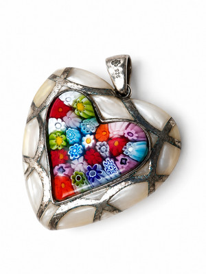 Alan K Sterling Silver 925 Murano Millefiori Glass Mother of Pearl Heart Pendant