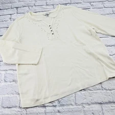 CJ Banks Womens 2X Thermal Knit Embroidered Henley Top Cream Long Sleeve