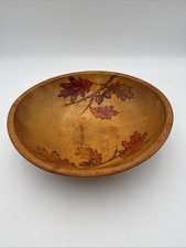Vintage Handmade Wood Bowl with Hand-Painted Maple Leaves Folk Art 13x12