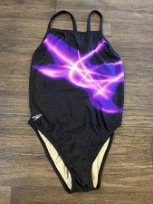 Vintage Speedo Swimsuit Women  s Black One Piece w/Purple Abstract Lined Size 32