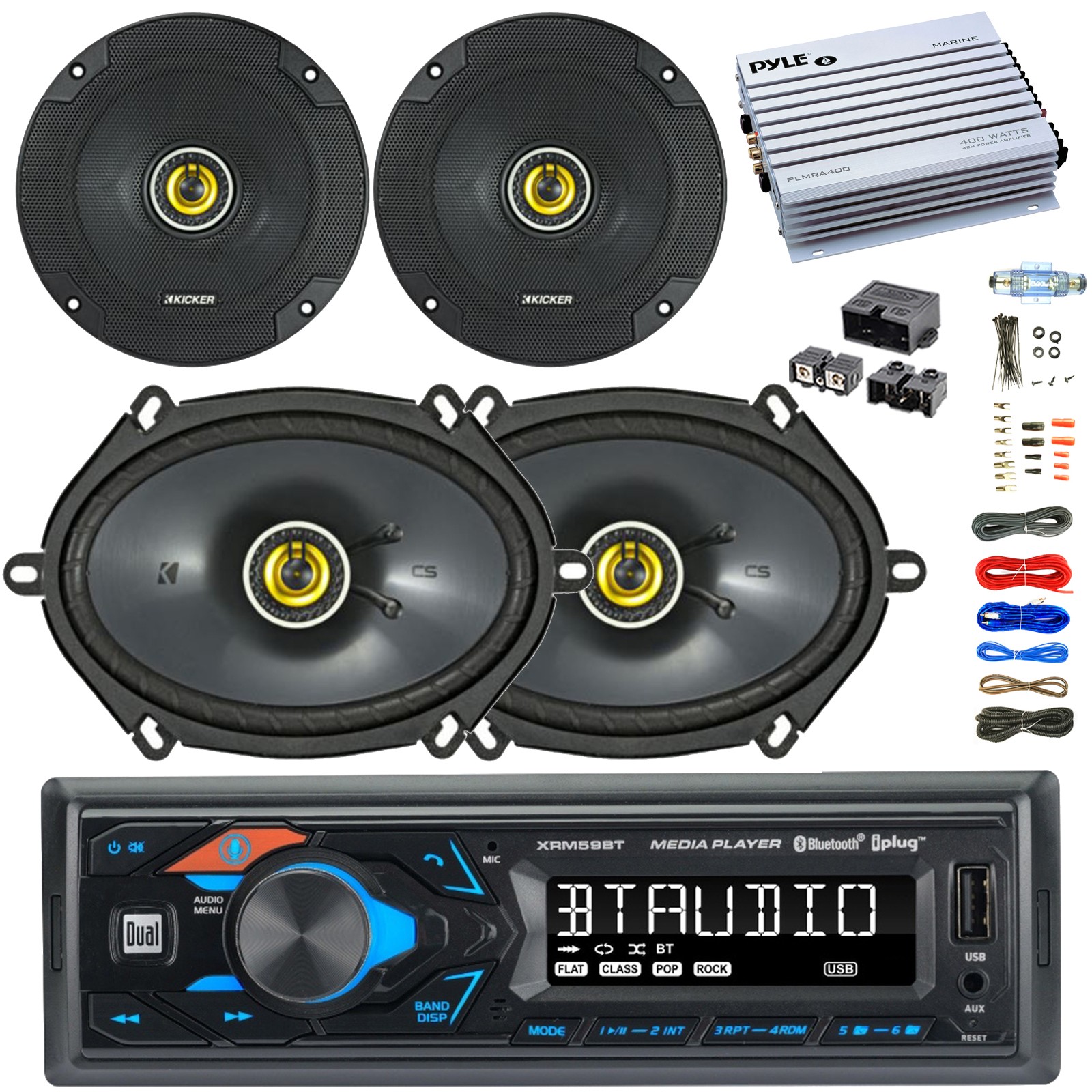 Dual XRM59BT Stereo, Kicker 6.5" and 6x8" Speakers, Amp and 