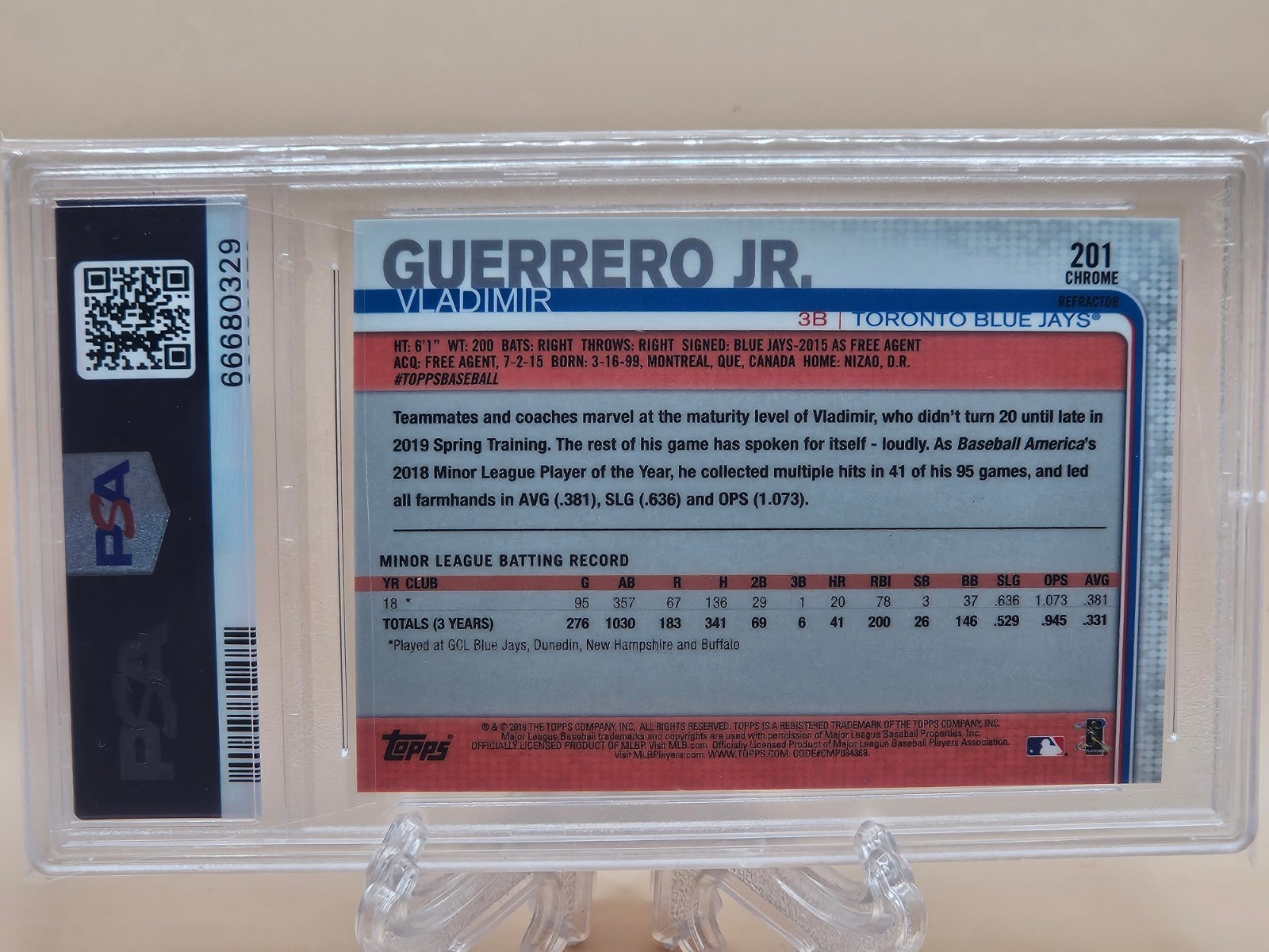 2019 Topps Chrome - Vladimir Guerrero Jr. #201 Pink Refractor (RC) PSA 9 Mint⚾ view 2