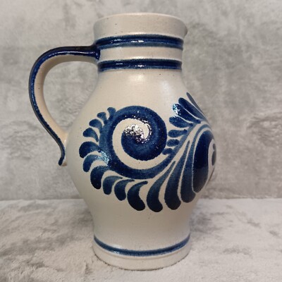 German Stoneware Handarbeit Salt Glazed Blue Floral Pattern 7.5'' Pitcher Signed