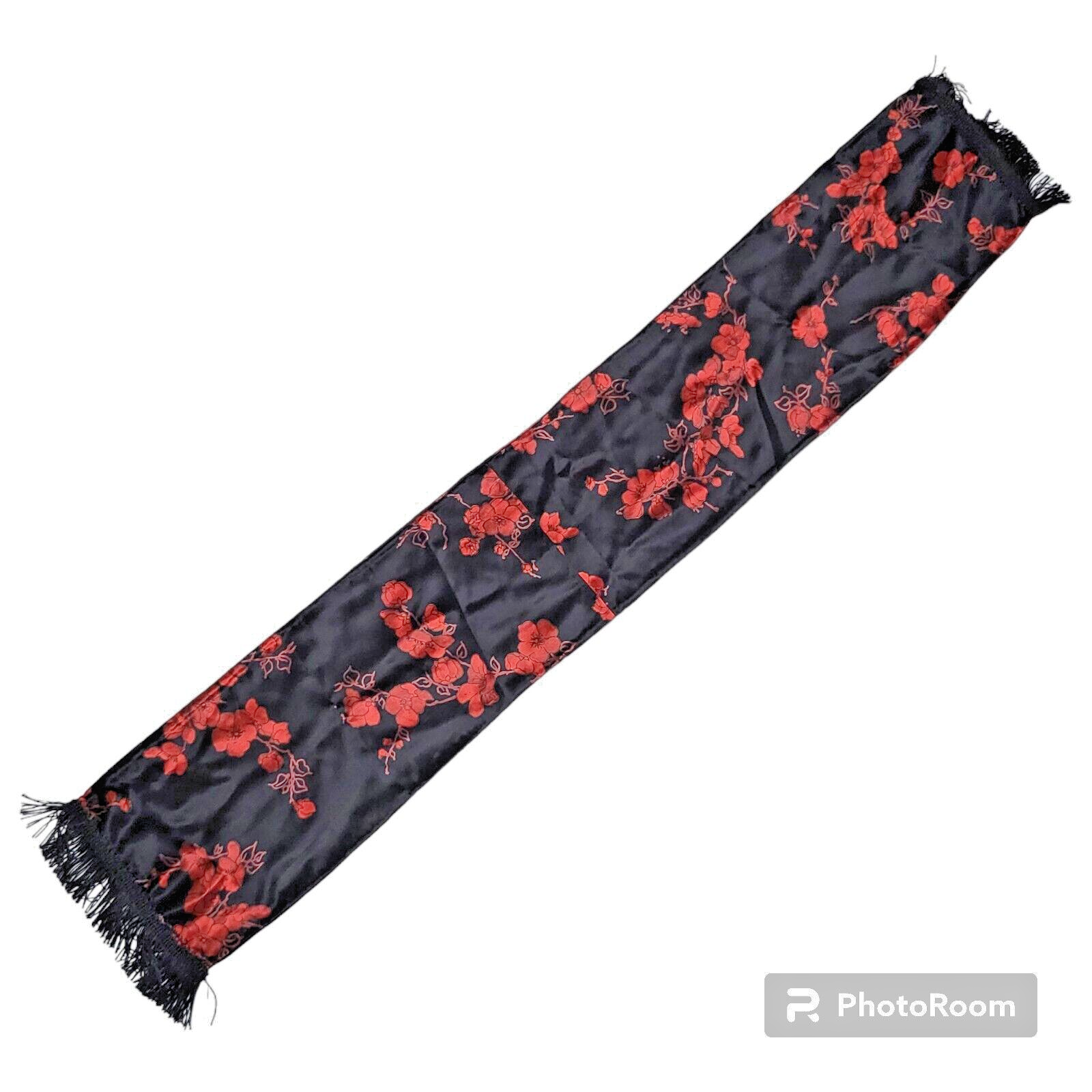 Satin Rose Floral Head Neck Hair Scarf 48x8 Black Red Fringe Asian