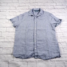 Perry Ellis Blue Short Sleeve 100% Linen Mens Short Sleeve Shirt L Large