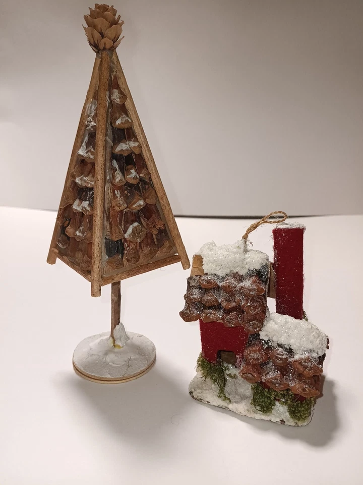 Lote De Colección Piña Putz Cartón Fieltro Casa Árbol De Navidad Rústico Foto 2 de 4