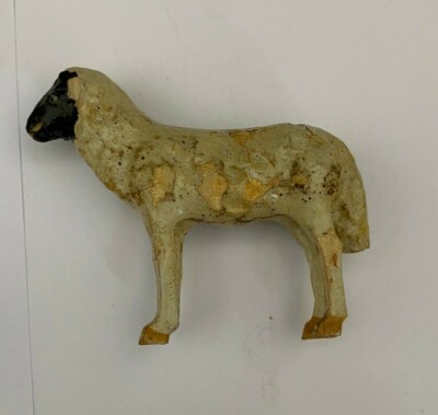 Antique German Boxed Painted Putz Sheep with Shepherd and