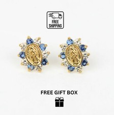 14K Solid Yellow Gold Guadalupe Virgin Mary Screw Back CZ Stud Earrings
