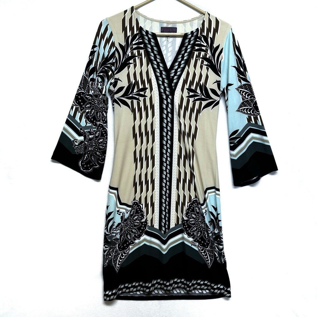 Hale Bob Dress Womens XS Black Cream Leaves Graphic Sheath Midi Sleeves 70s