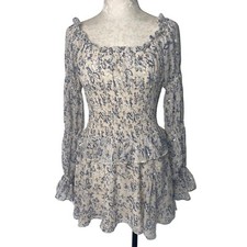 Sabo Luxe Dress Womens Size Large Mini Cream Floral Chiffon Long Sleeve Shirred