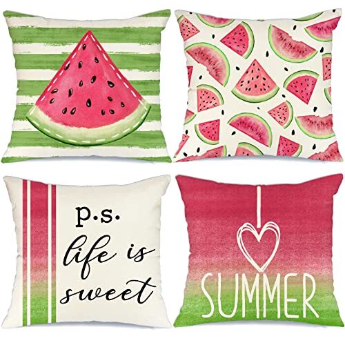 Summer Pillow Covers 18x18 Inch Set of 4 Watermelon Sweet Summer Pillows - Picture 5 of 7