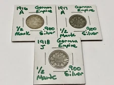 German Empire Silver Coin Lot, 1916 A 1/2 Mark, 1917 A 1/2 Mark, 1918 J 1/2 Mark