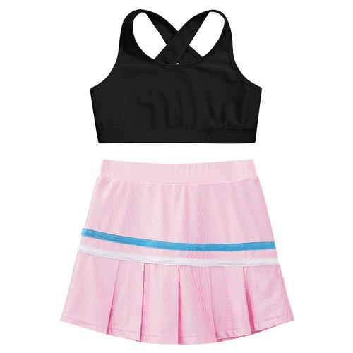 Kids Girls Crop Top With Skirt Cross Back Activewear Summer Sportswear Set Mini - Picture 75 of 83