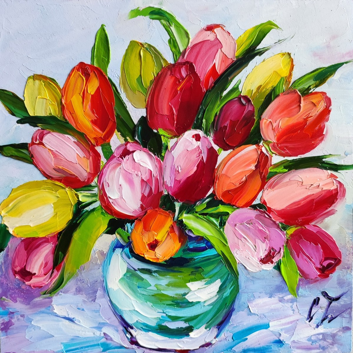 original oil painting Tulips colorful flowers artwork Floral