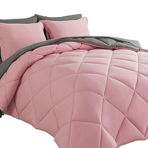 Bed in a Bag Comforter Sets 7pcs All Season Solid Down Queen Pink/Grey