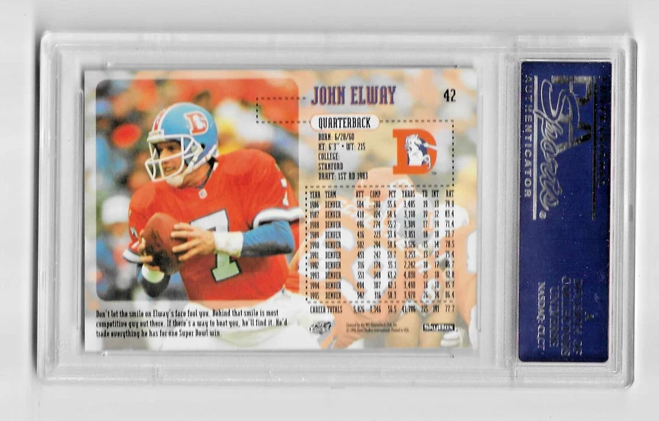 Tarjeta de fútbol americano Skybox Impact 1996 #42 Hof John Elway PSA 10 Low Pop NFL Broncos Foto 4 de 4