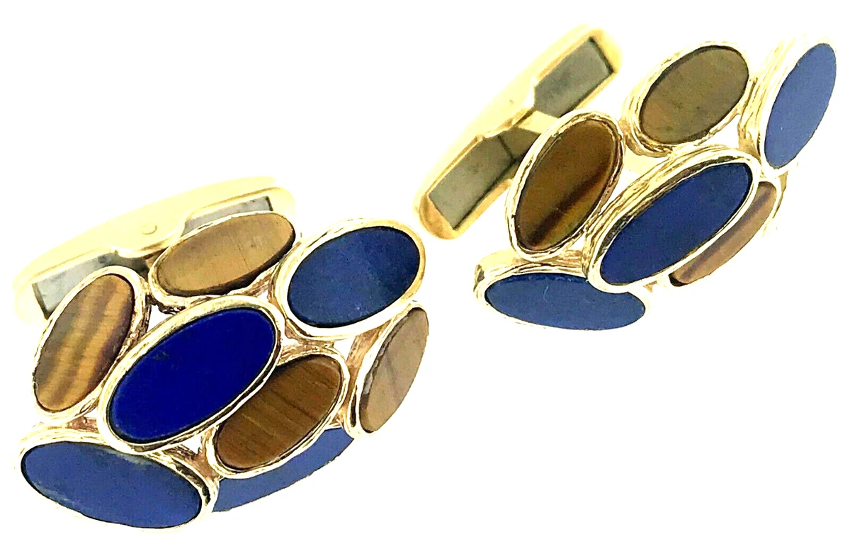 ALETTO BROTHERS Cuff Links Lapis Lazuli Tiger Eye Stones Set 14K