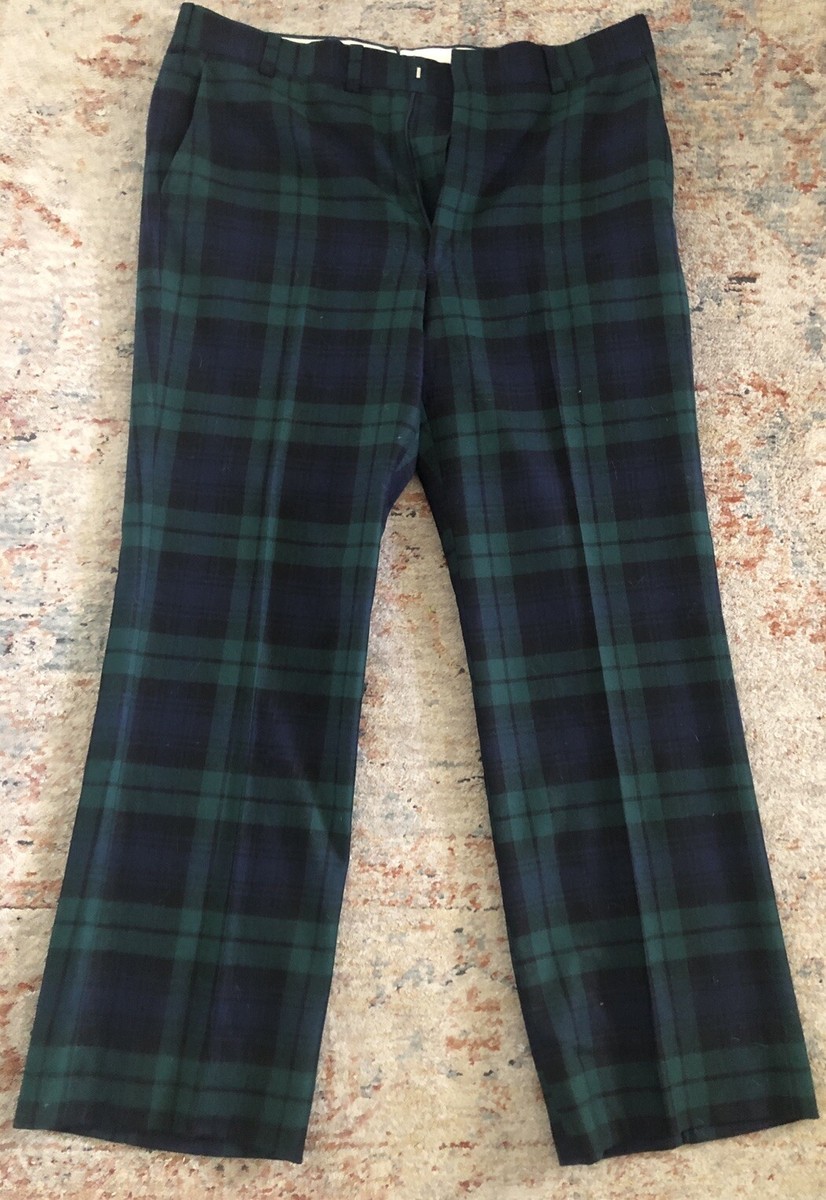 Vintage Pants Tartan Black Watch Plaid Wool Flat Front 38