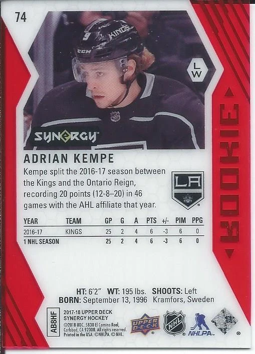 2017-18 Upper Deck Synergy ADRIAN KEMPE Rookie Red Parallel #74 Los Angeles  - Image 2 of 2