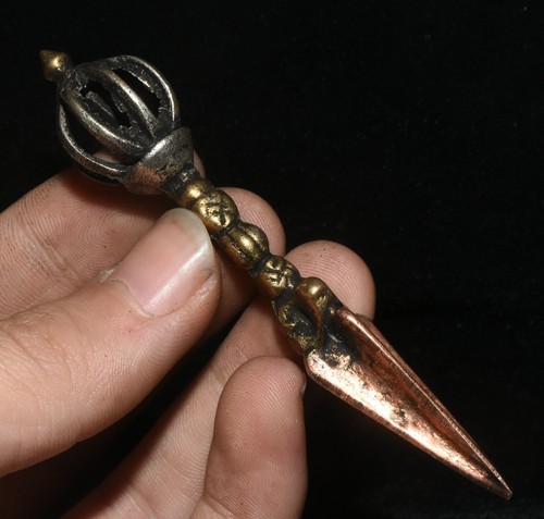 8.5CM Old Tibetan Silver Bronze Phurba Dagger Holder Faqi Fa Qi Amulet Pendant - Picture 9 of 11