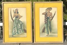 Vintage George Telo Print Framed Pair Senor Senorita Latin Dancers Flowers Tiki