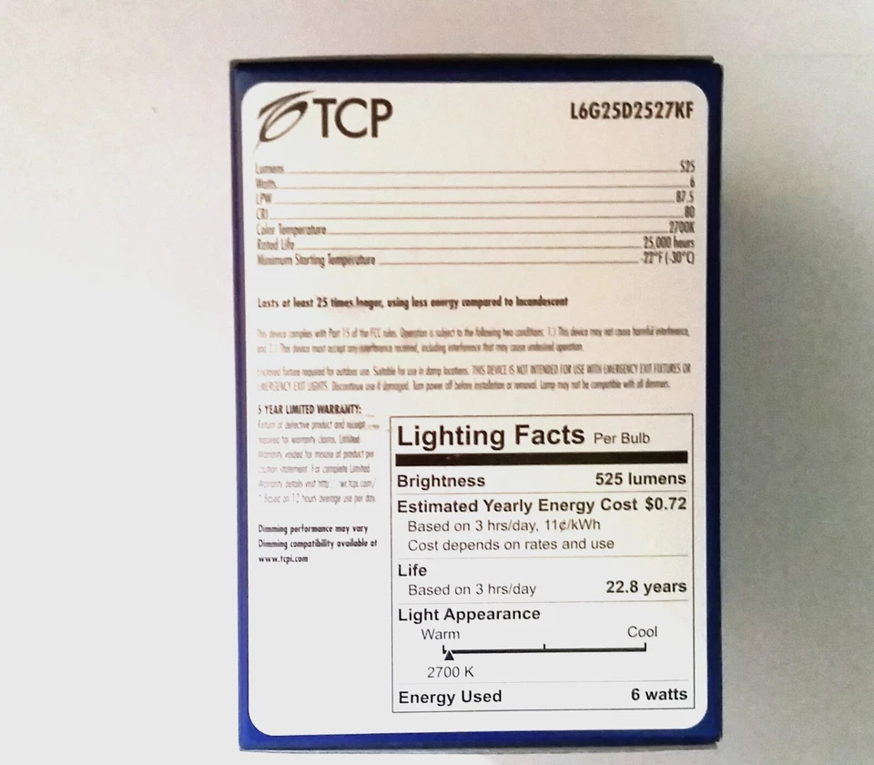 TCP L6G25D2527KF 6W Dimmable LED G25 Globe Warm White Light Bulb 60 Watt Equiv - Image 2 of 4