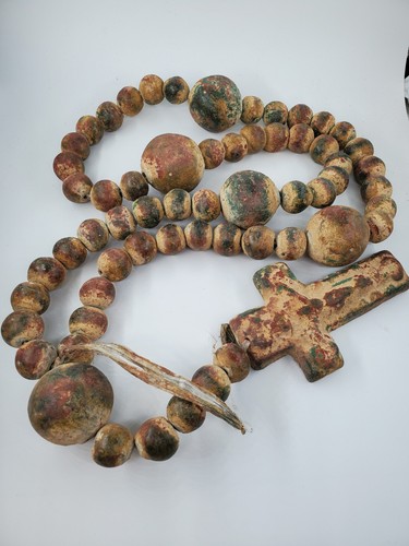 Vintage Mexican Large Clay Rosary Beads And Cross, Warm Earth Tones