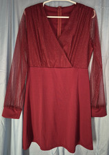 Burgundy Red V-Neck Sheer LS Knee Length Knit Sheath Dress Juniors Size XL NWOT