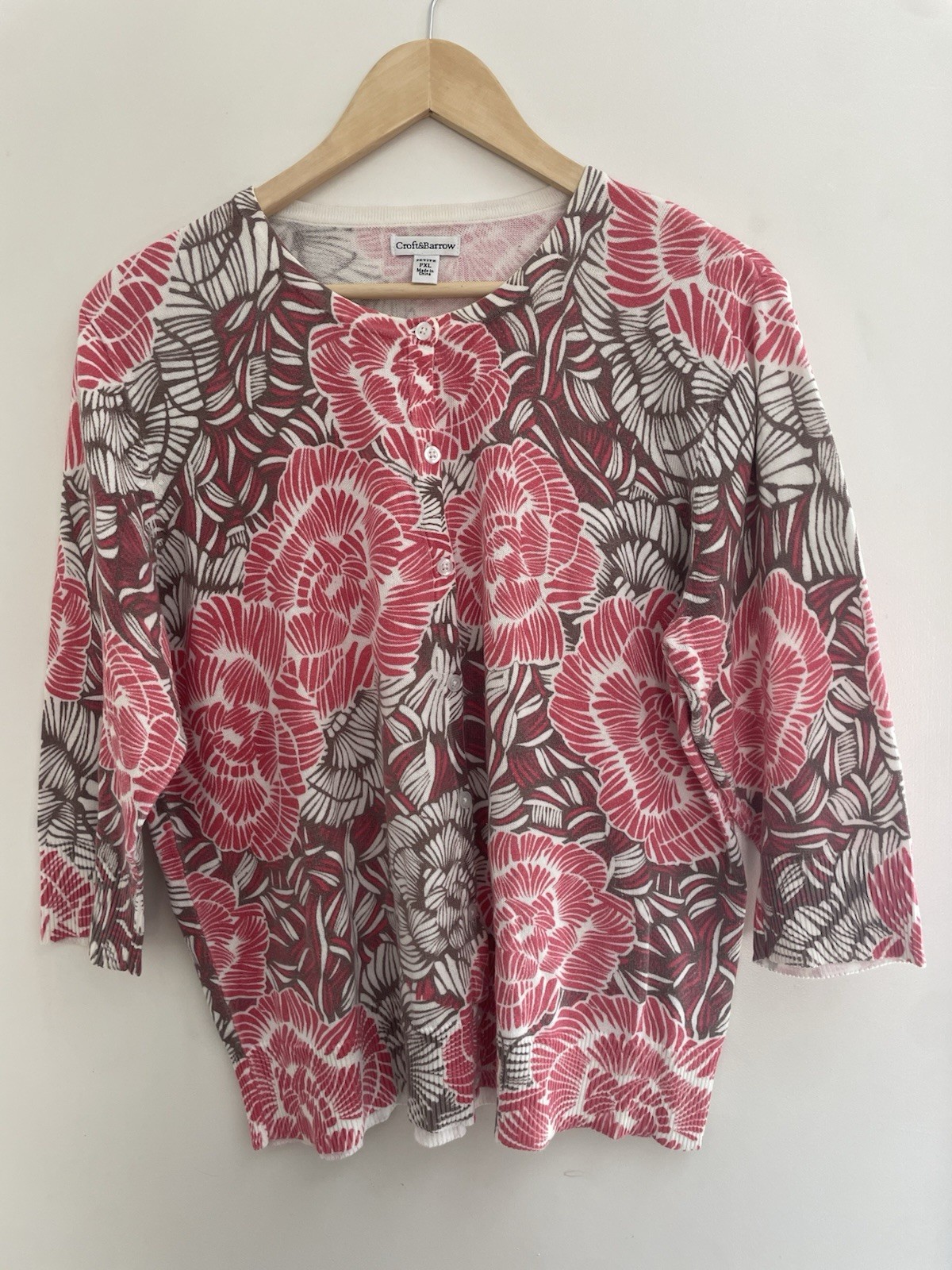 Croft&Barrow Petite Womens Floral 100% Cotton Knit 3/4 Sleeve Cardigan Cream PXL