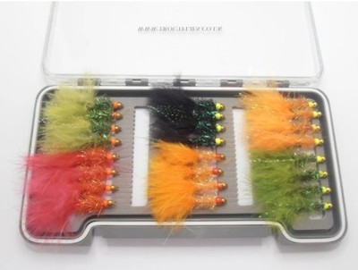 24 Hothead Lures, Red Beads and Lime Double Beads - Boxed Set, Mixed Sizes