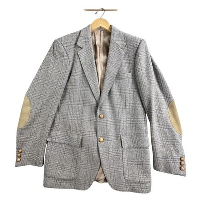 VTG Working Solutions Blazer Men's Large Beige Plaid Wool Elbow Patch Sport Coat