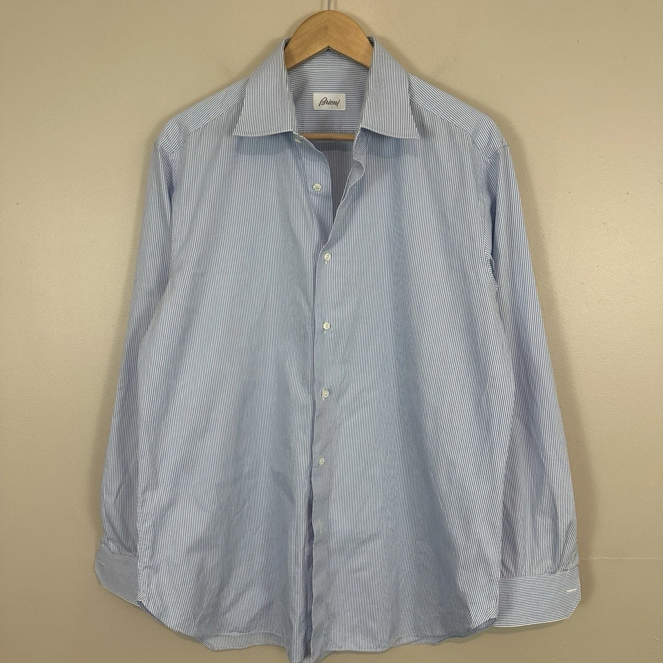 Camisa de Vestir Brioni Azul Blanco Rayas Abotonada Hecha en Italia Para Hombre 17 43 Leer Foto 2 de 4