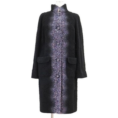 CHANEL Long Coat P52273 Tweed COCO Mark Button Dyed Drum Mouton Boa Boucle