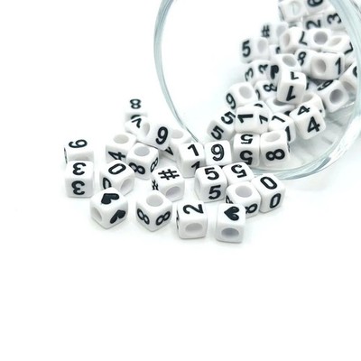 Square White and Black Number Beads, 6x6mm - US Seller