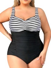 Daci Womens Plus 22W Striped One Piece Swimsuit Tummy Control Retro Ruched NWT