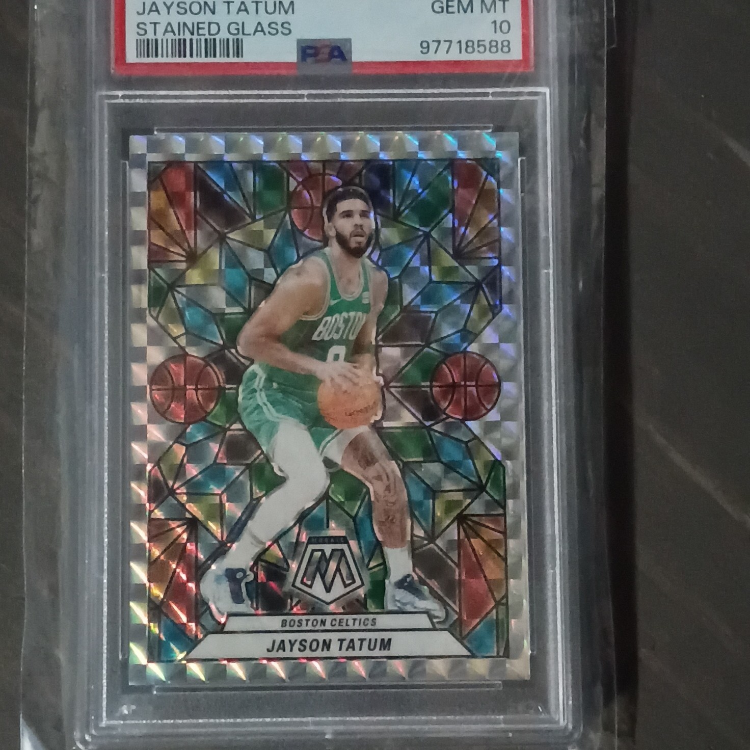 Panini 2023-24 Mosaic Jayson Tatum Stained Glass #2 PSA 10 Celtics view 3