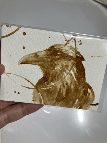 ORIGINAL Coffee Raven Painting Crow Art  Bird Lover ATC Aceo Artwork Collectible