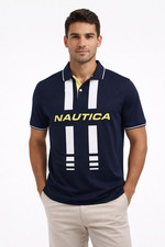 Nautica Mens Polo Shirt New L Navy Blue Colorblocked Logo Short Sleeves Navtech